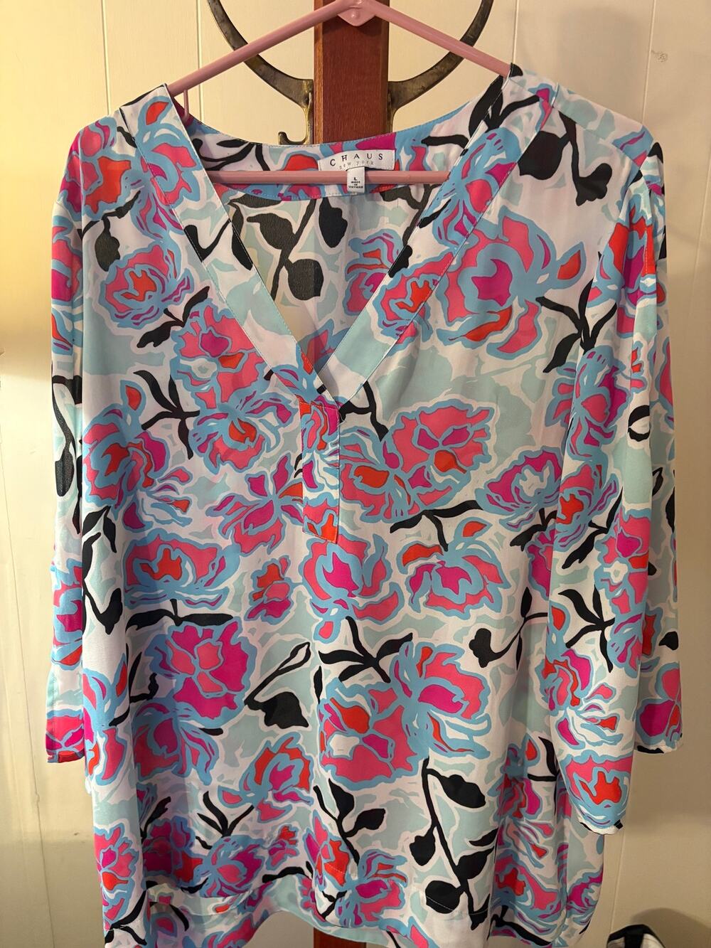Chaus V Neck Floral Blouse Sz Large